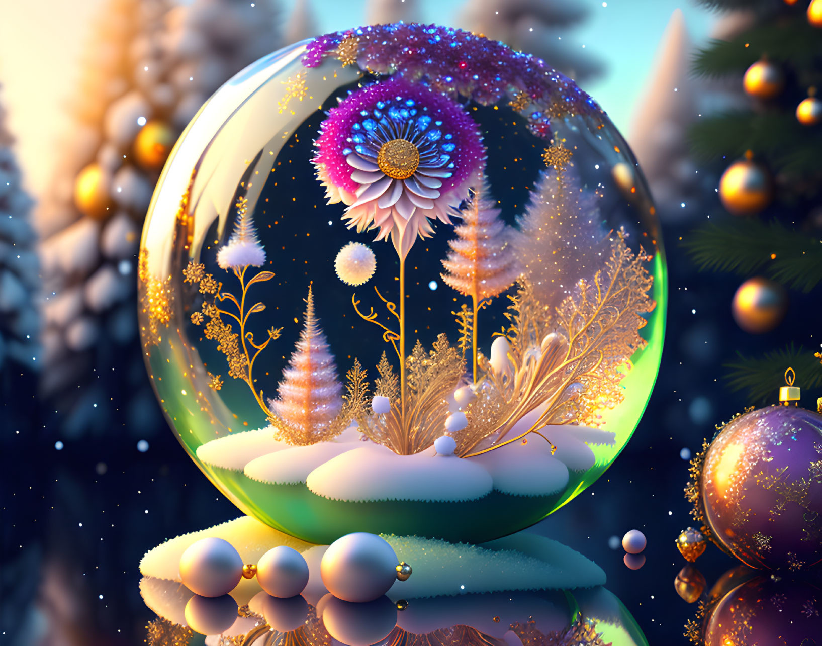 Colorful digital artwork: Translucent sphere with flowers and foliage in wintry forest.