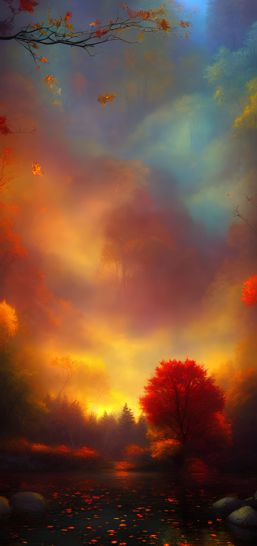 Vibrant autumn forest scene with red and orange foliage and serene river