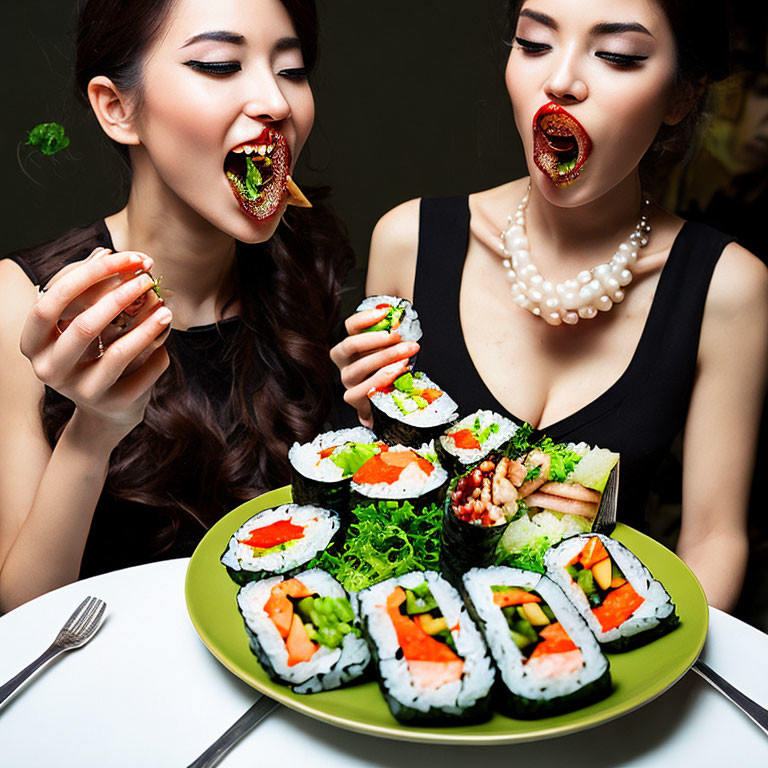 Two Women Enjoying Sushi with Chopsticks and Hands Wide Open
