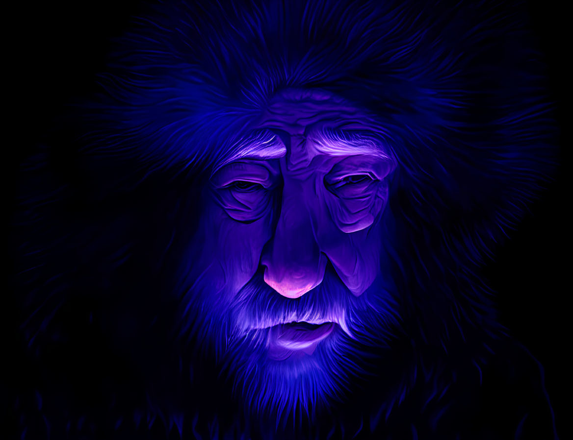 Colorful Lion Face Artwork with Electric Blue and Purple Hues
