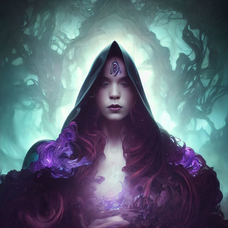 Mystical figure with red hair in dark cloak against ethereal forest and purple mist