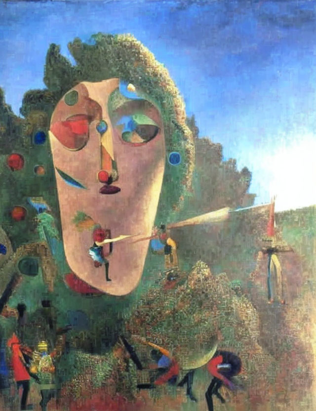 Abstract surreal painting of large face merging with landscape, featuring miniature figures and vibrant colors