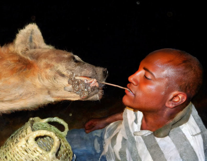 Man and hyena in intense close-up encounter with open mouth and bared teeth