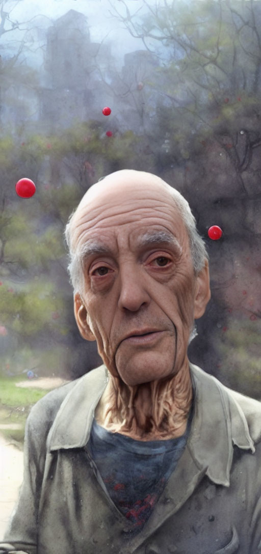 Elderly man in grey coat with red orbs in foggy setting
