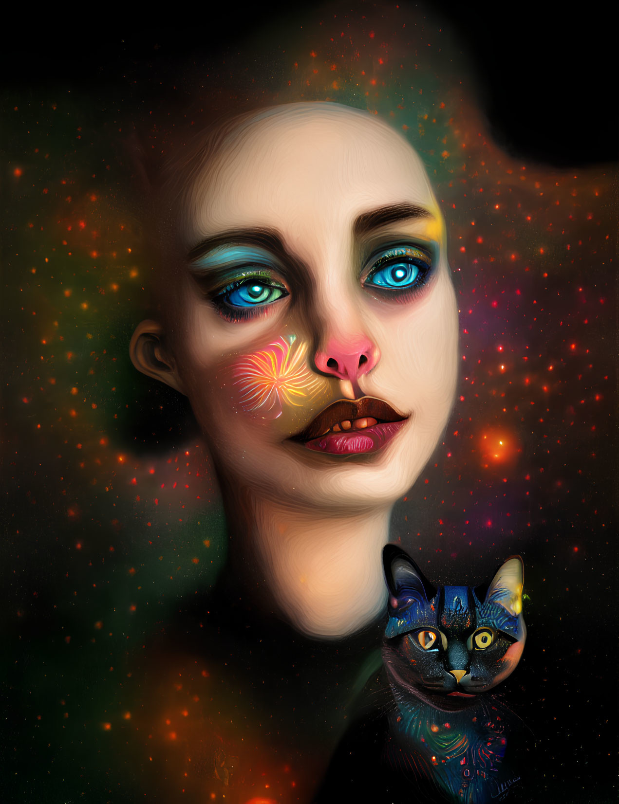 Colorful surreal portrait of woman with blue eyes and lollipop, cosmic cat, starry background
