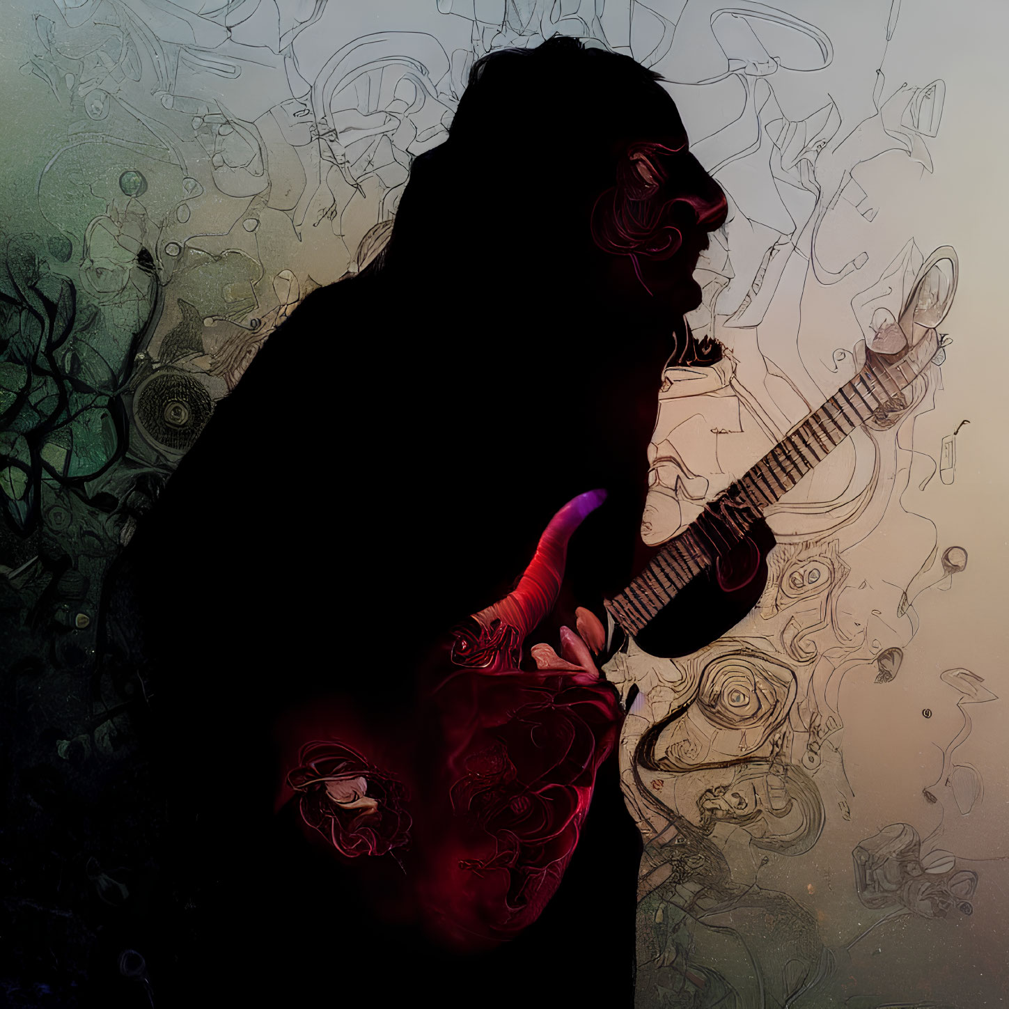 Silhouetted figure playing electric guitar on colorful abstract background.