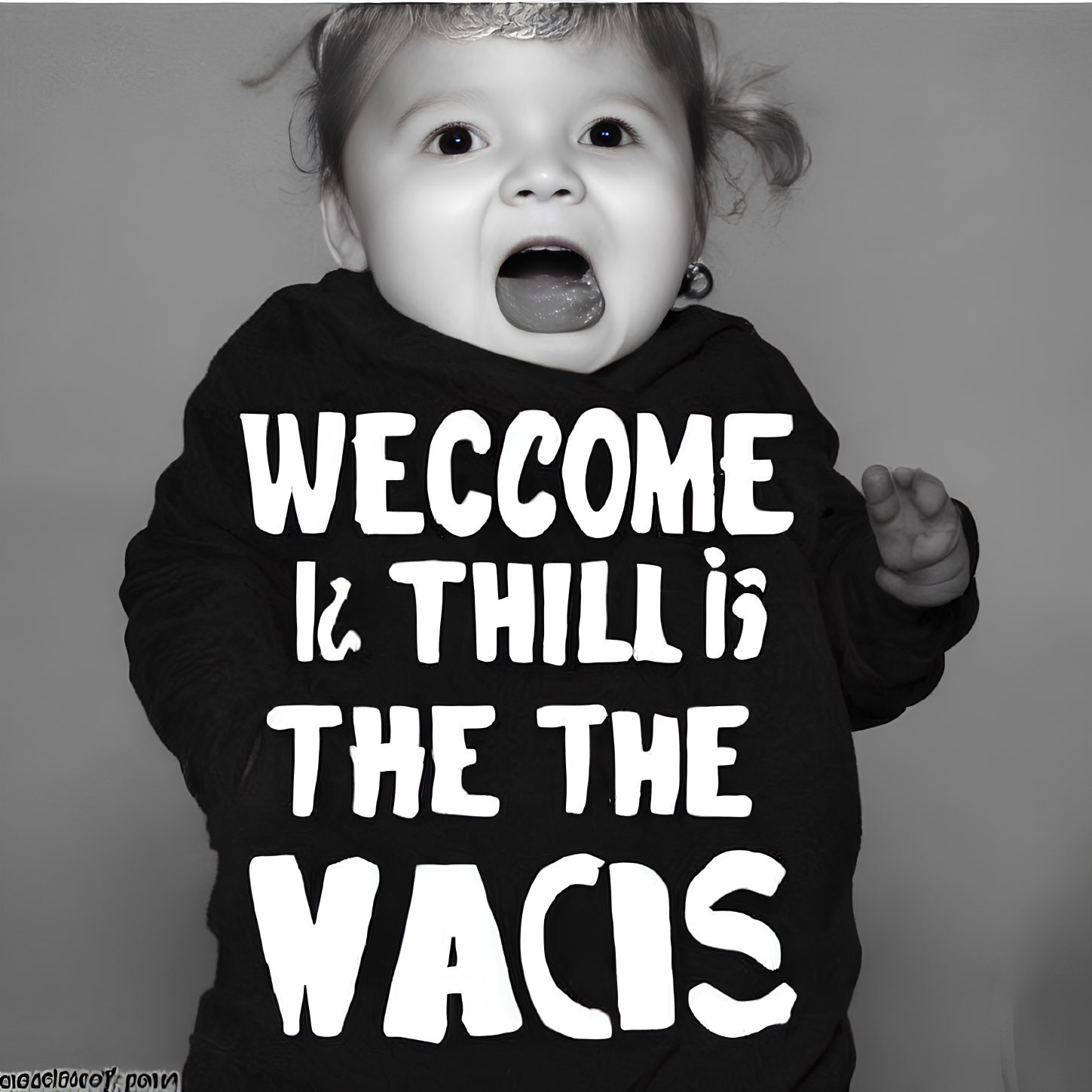 Monochrome baby photo in onesie with vaccine-themed text and headband