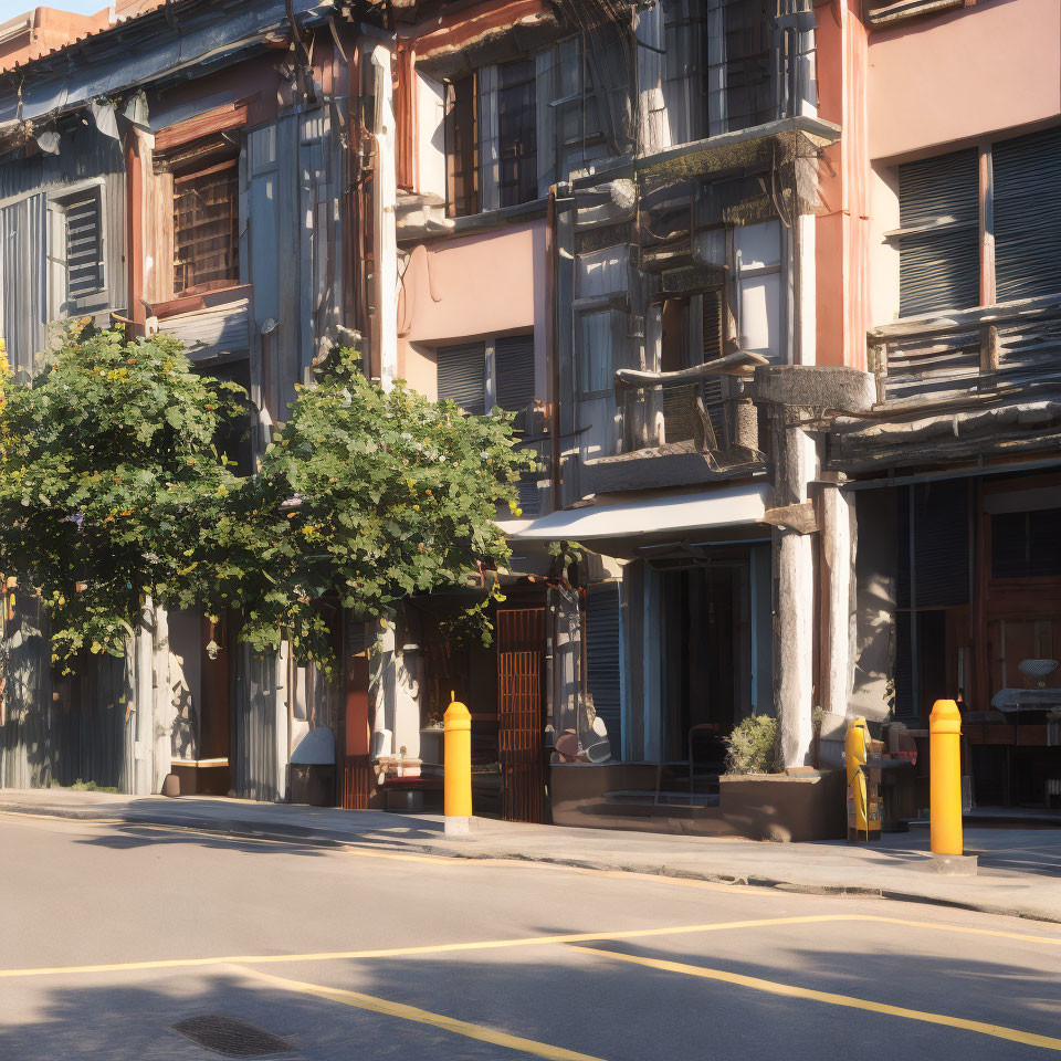Traditional shophouses with wooden shutters on serene street with greenery.