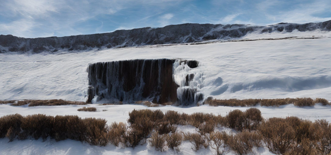 Partially Frozen Waterfall Over Snowy Cliff on a Clear Day