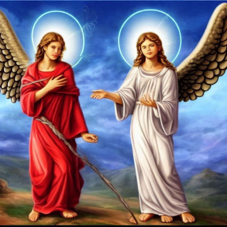 Angels with Red and White Halos in Mountainous Landscape