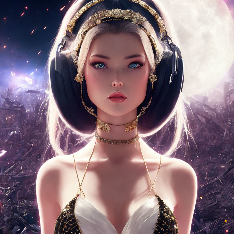 Illustrated woman with blue eyes and golden headphones against moon backdrop