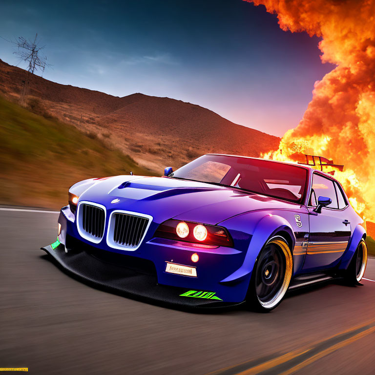 Blue BMW with racing decals speeding on road with flames and smoke under golden sky