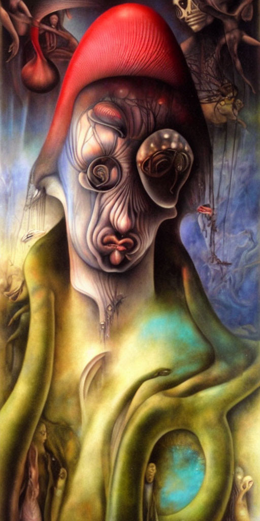 Surreal humanoid figure with abstract features in red hat among enigmatic elements