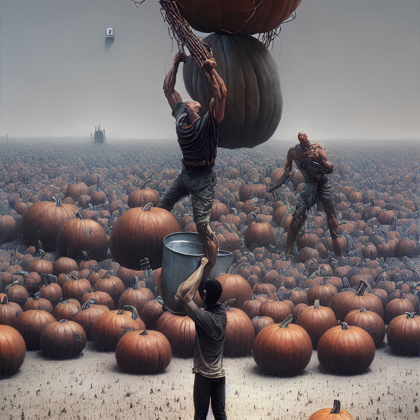 Three people in a pumpkin field with unique actions depicted.