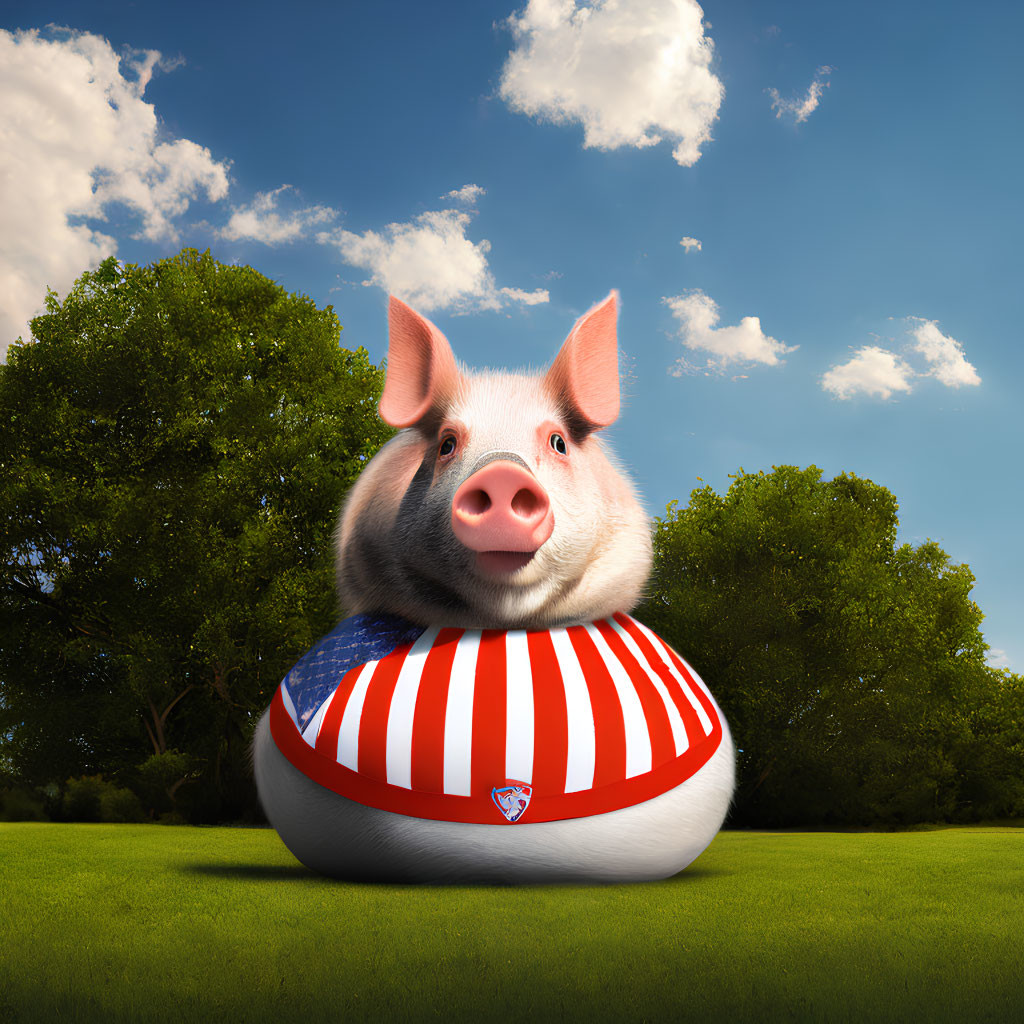 Stylized pig in American flag shirt on grassy field under blue sky