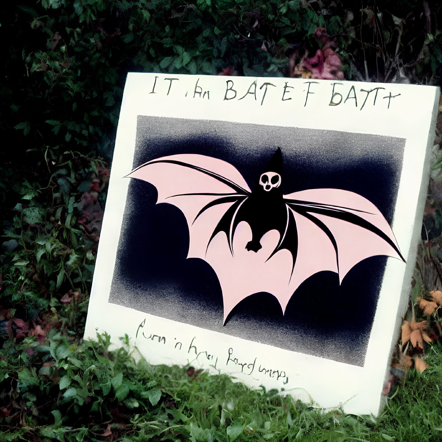 Handmade sign featuring stylized bat drawing and playful text on foliage
