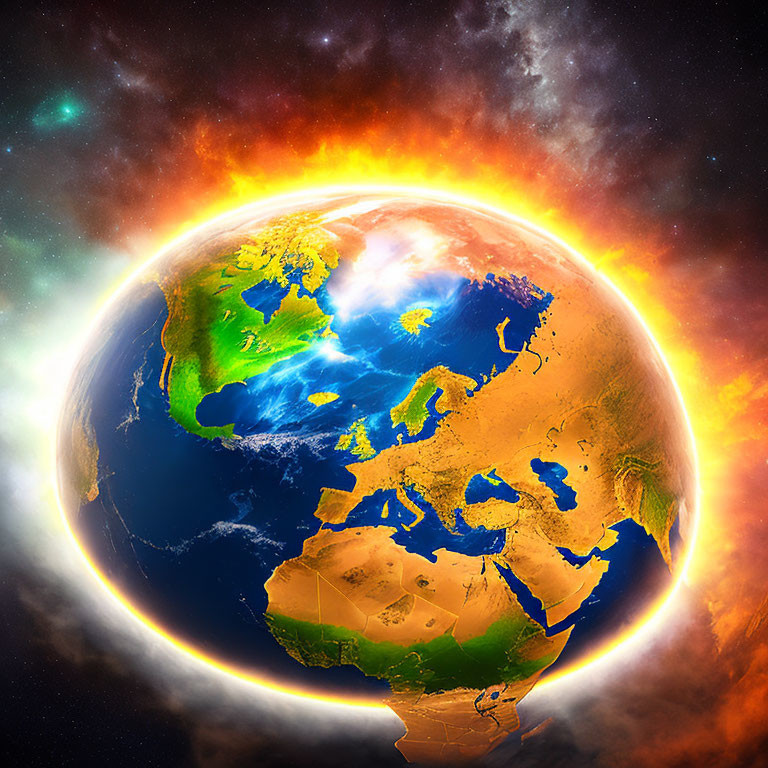 Earth engulfed in flames and glowing light against a starry space backdrop.