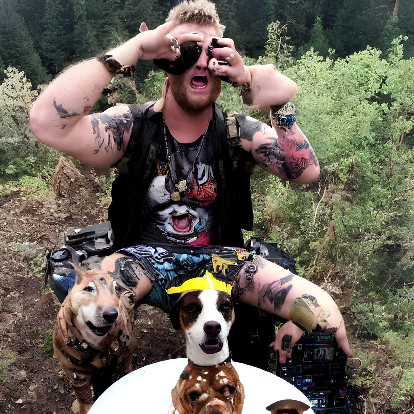 Tattooed person with binoculars and three dogs on hilltop