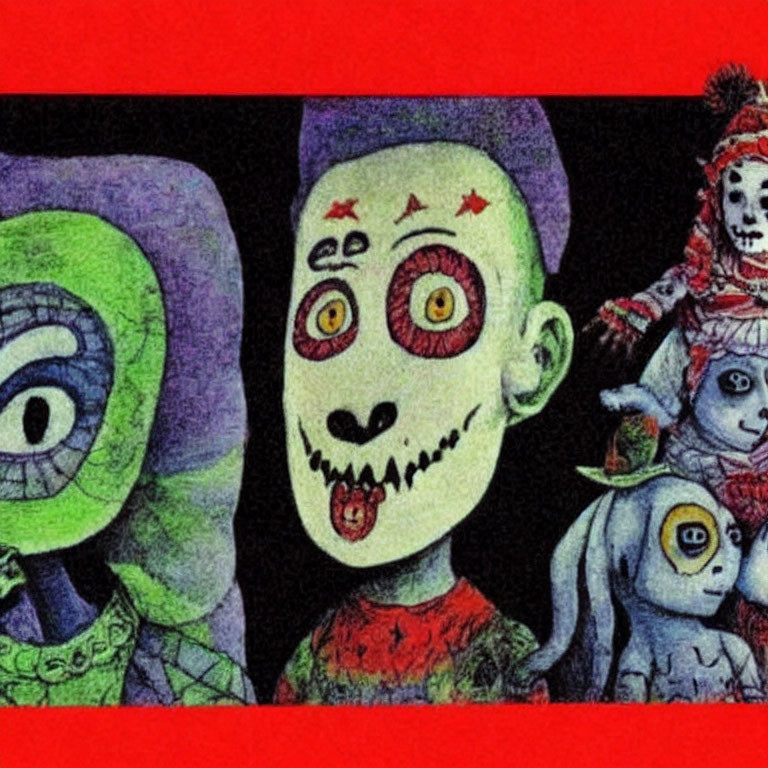Colorful, eerie characters with exaggerated features like large eyes and sharp teeth in Day of the Dead style