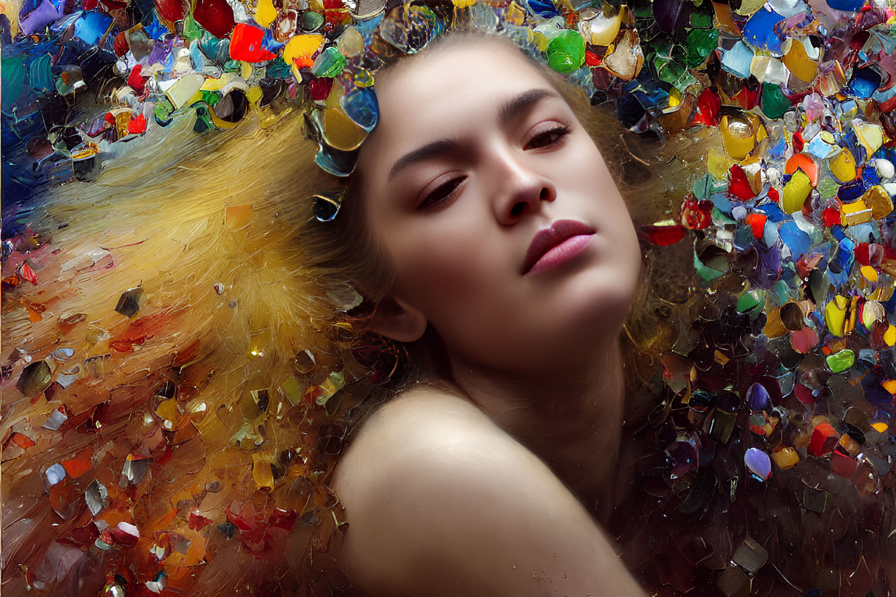 Colorful Gemstone-Like Fragments Surround Woman's Face
