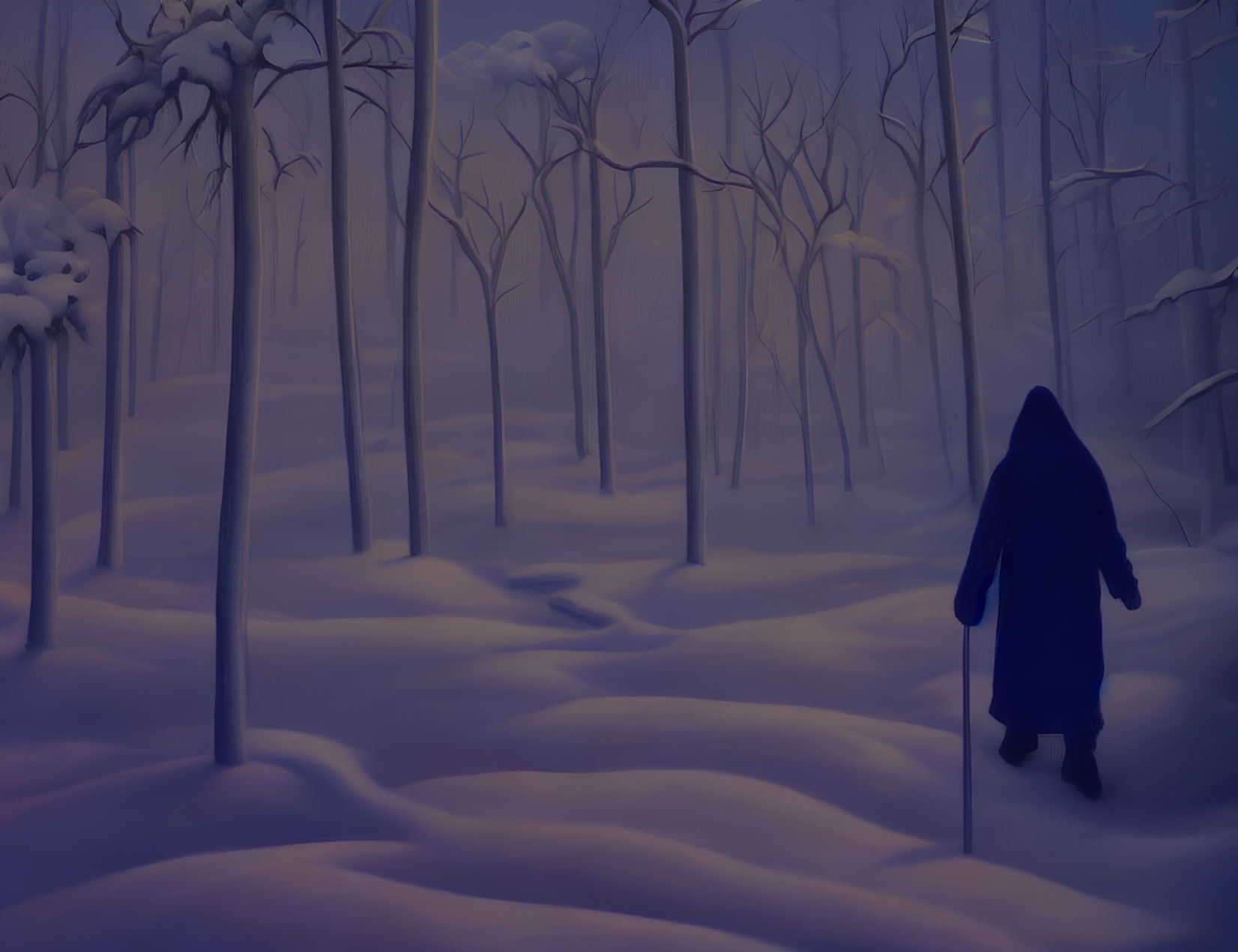 Solitary figure in cloak walking through snow-covered forest