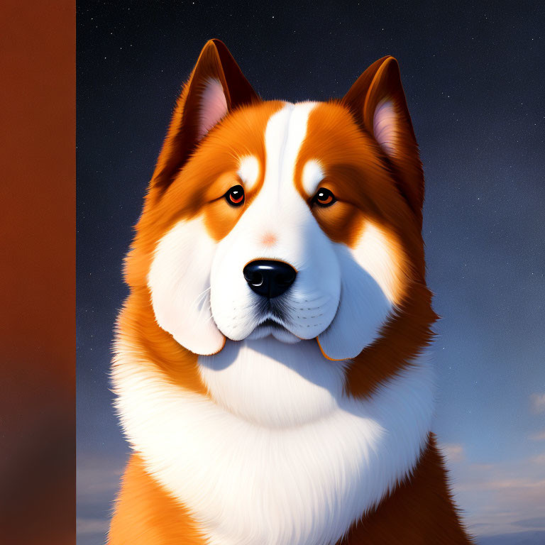 Brown and white fluffy dog in twilight sky portrait.