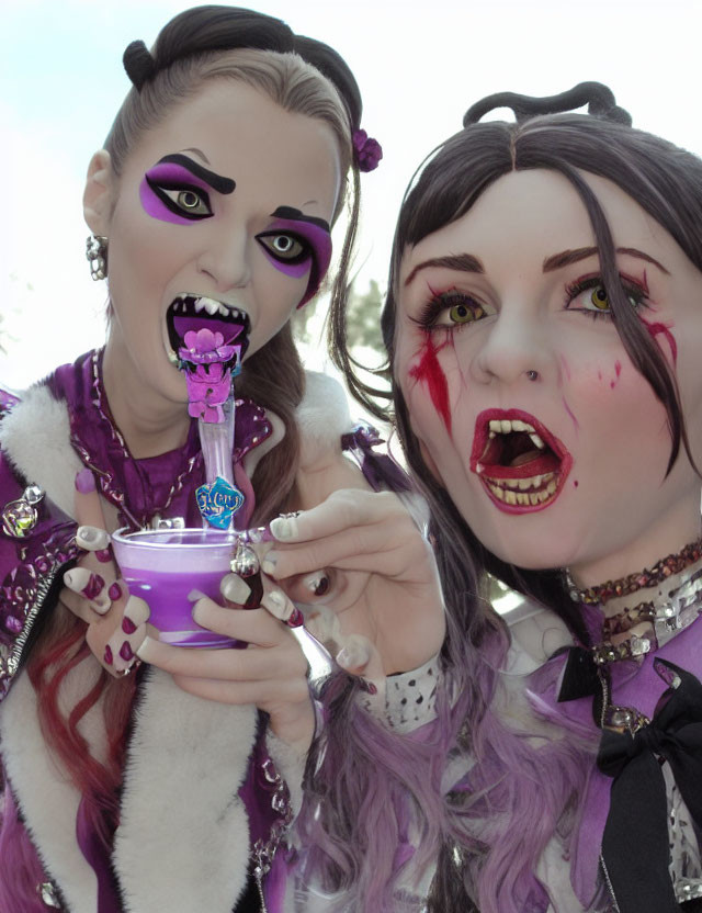 Exaggerated makeup in purple and red on two people in vampire costumes holding a small cup