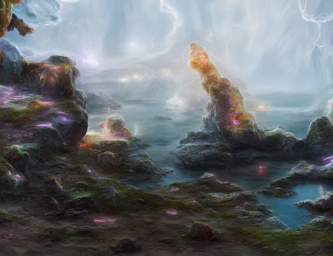 Ethereal cave with mossy rocks, misty waters, glowing flora, and lightning