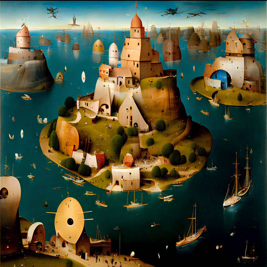Renaissance-style maritime painting with whimsical architecture & ships