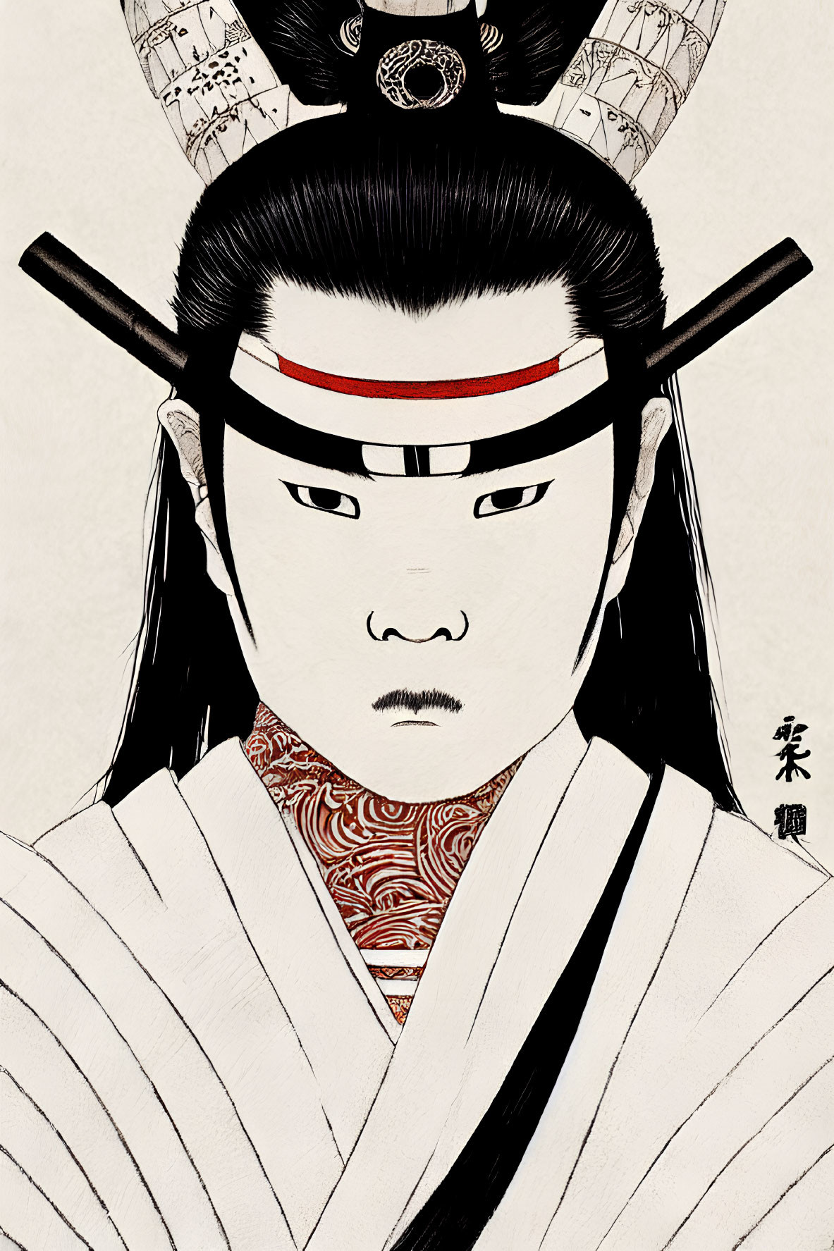 Traditional East Asian man in historical clothing with stern expression and Asian script.