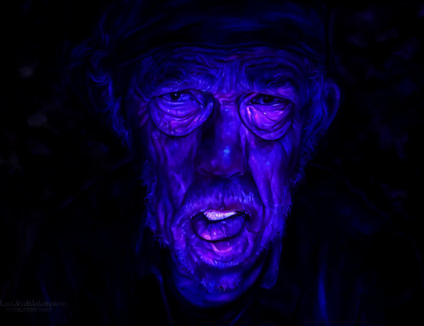 Monochromatic blue portrait of older man with deep-set eyes