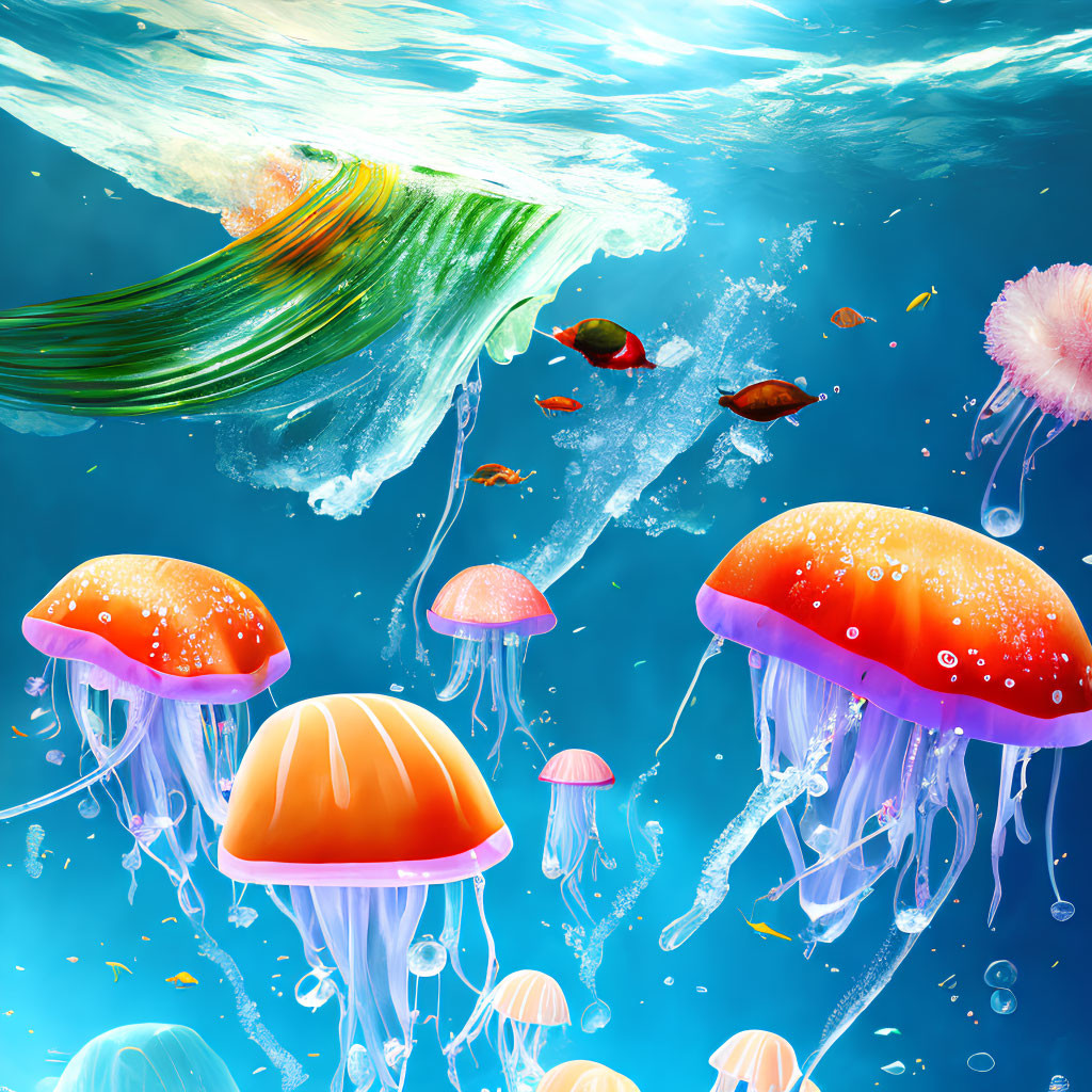 Vibrant jellyfish and small fish in colorful underwater scene