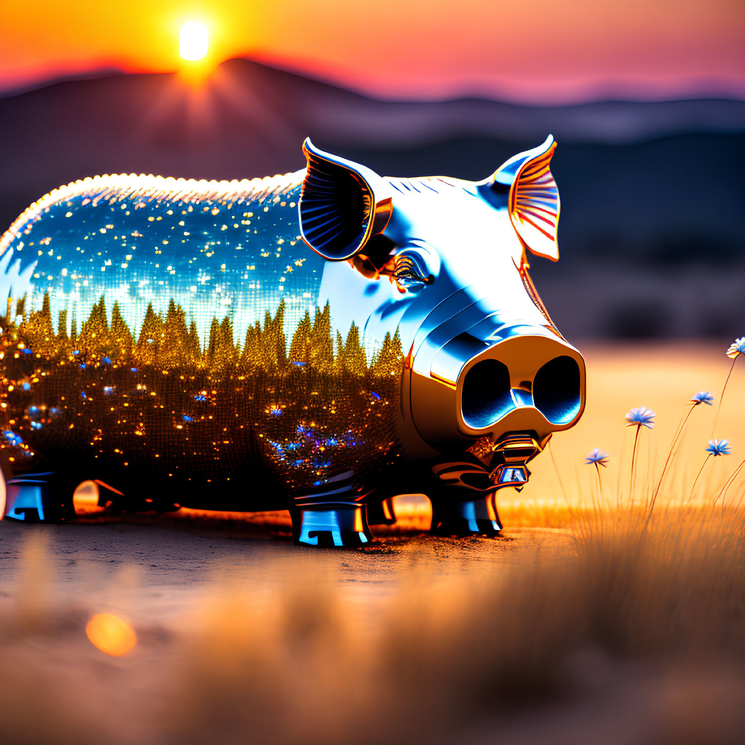 Illuminated pig-shaped structure in forest pattern at sunset