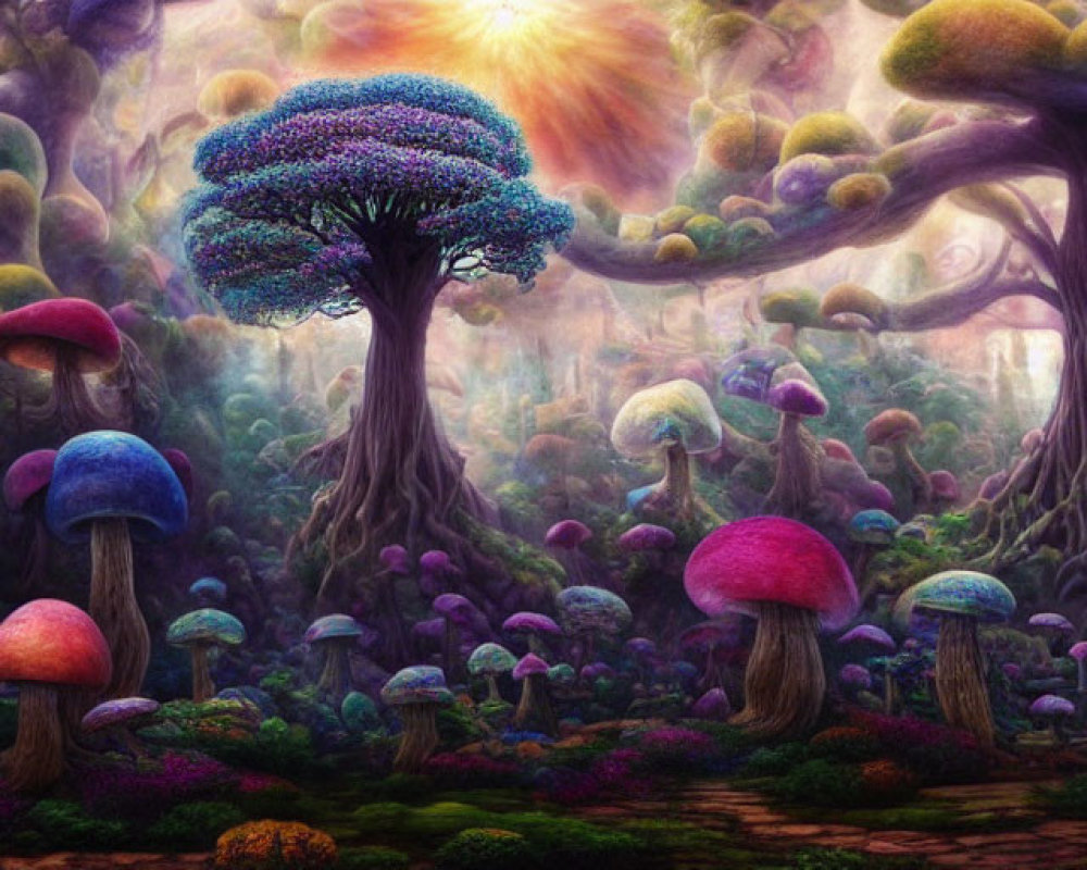 Colorful Oversized Mushroom Forest Under Sunlight-Dappled Sky