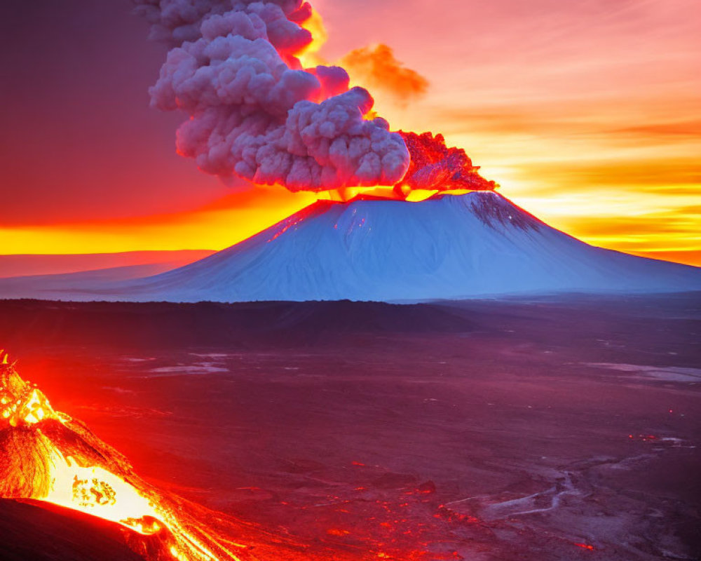 Twilight volcanic eruption with lava flow and ash plume