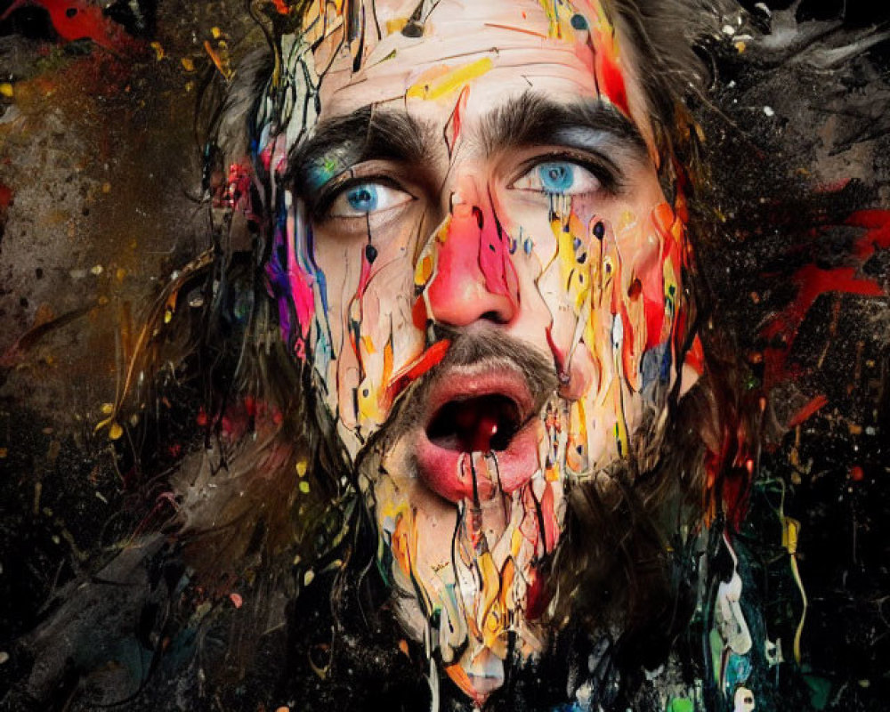 Intense blue-eyed man covered in vibrant paint splatters on black background