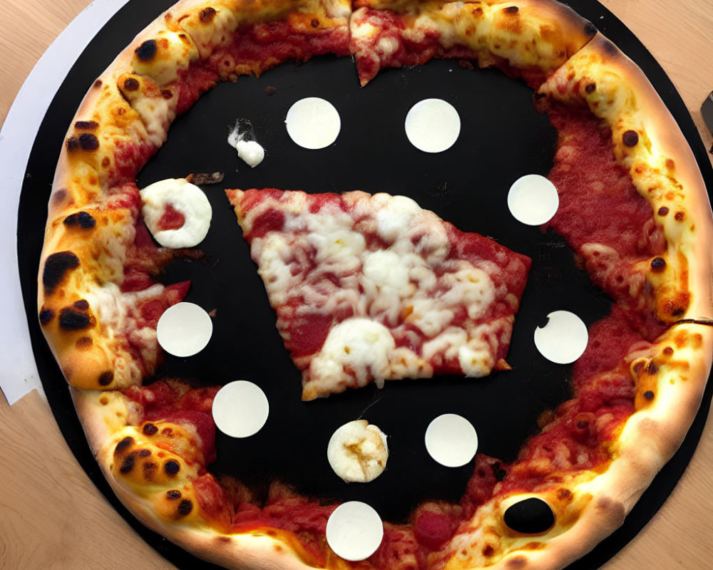 Cheese pizza with slice removed on black tray with white holes