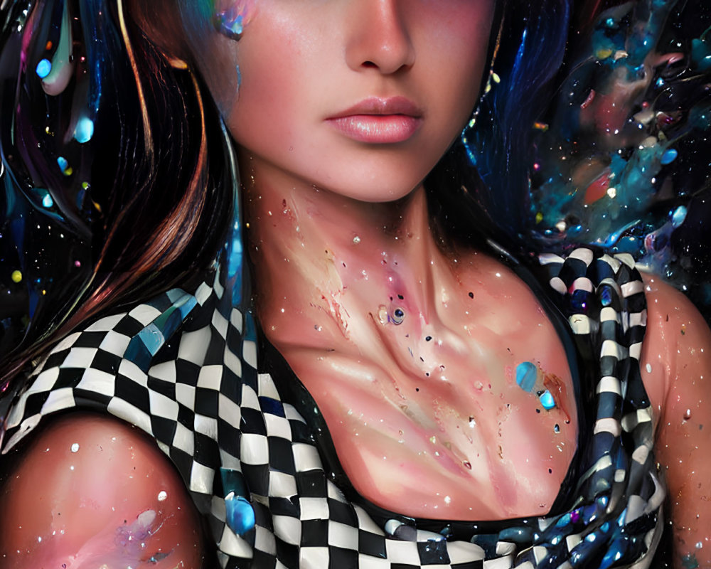 Colorful Cosmic Makeup and Checkered Outfit in Digital Portrait