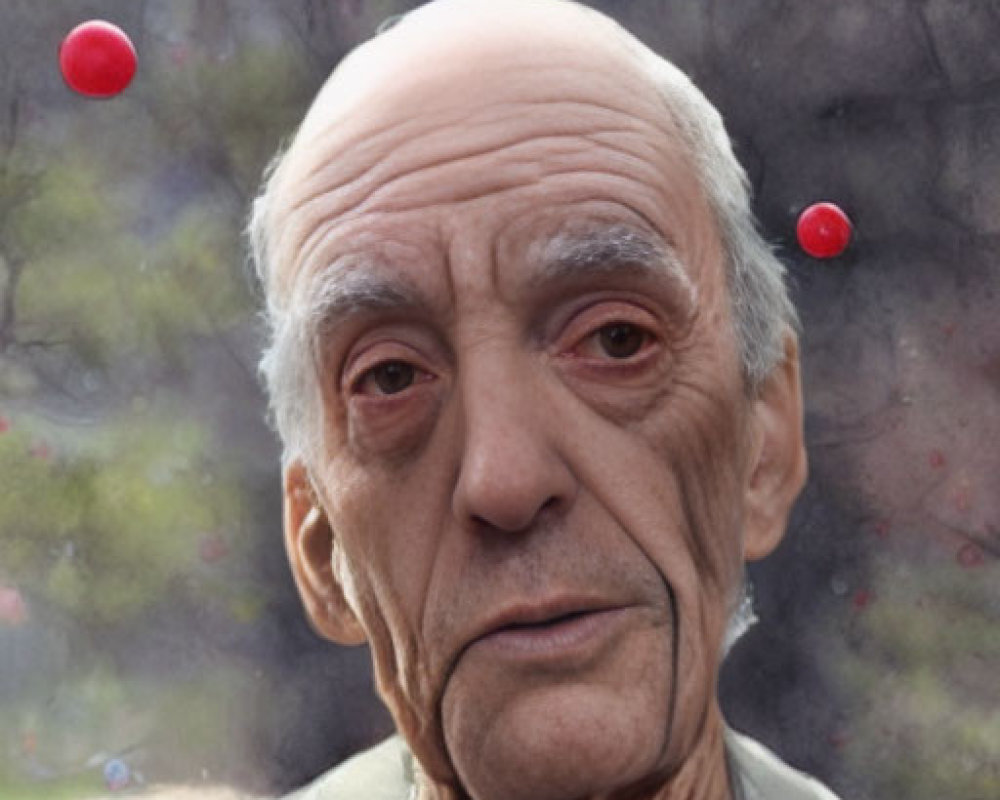 Elderly man in grey coat with red orbs in foggy setting