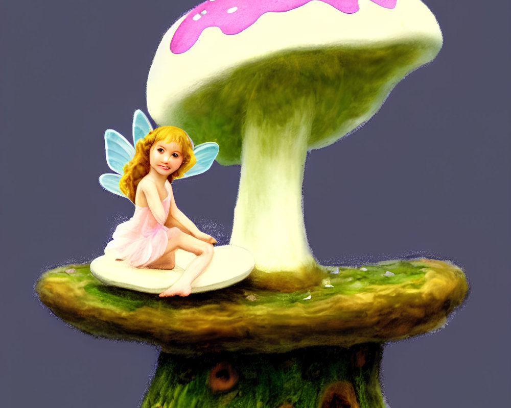 Colorful fairy on mushroom against plain background