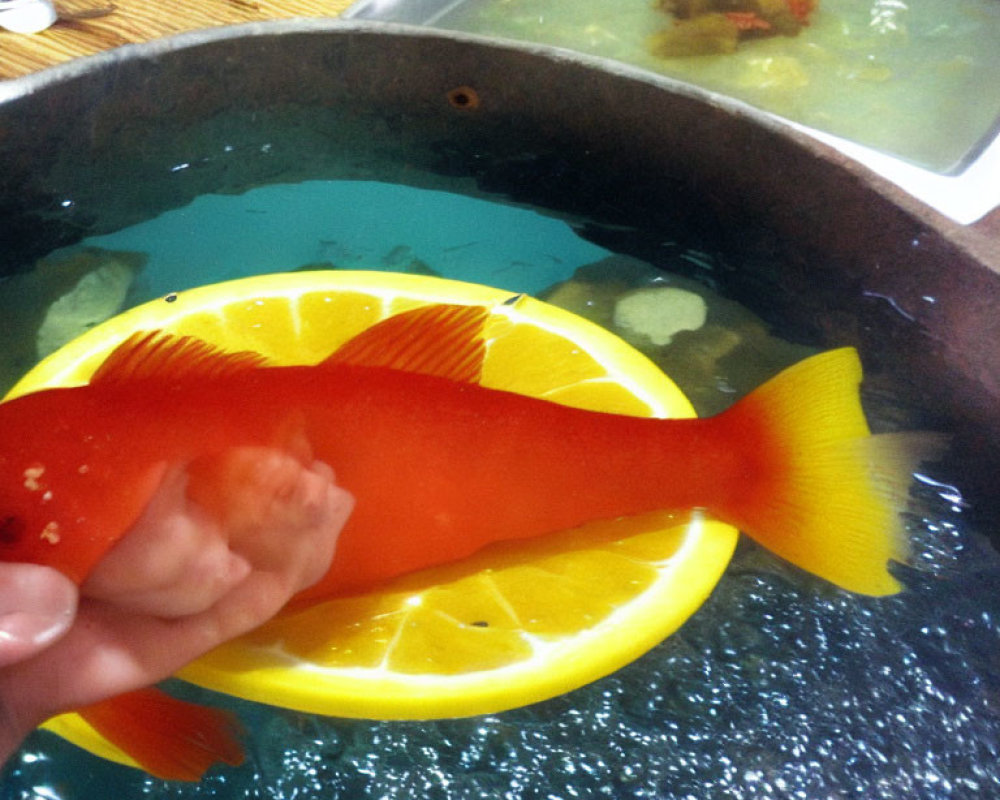 Bright Orange Fish Held Over Container of Water with Lemon Slices and Other Fish