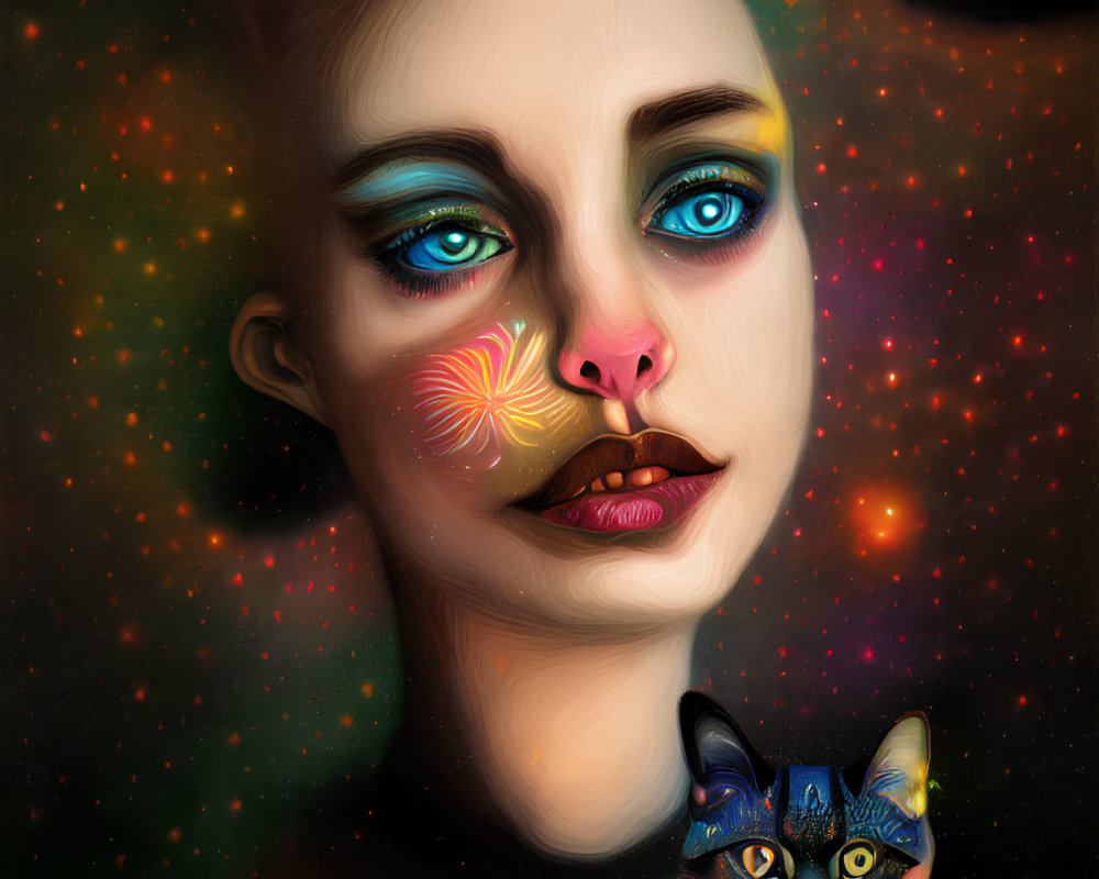Colorful surreal portrait of woman with blue eyes and lollipop, cosmic cat, starry background
