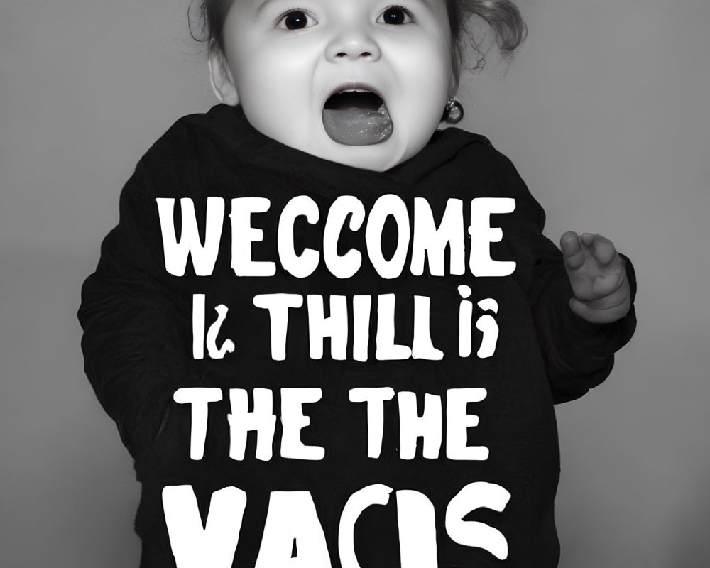 Monochrome baby photo in onesie with vaccine-themed text and headband