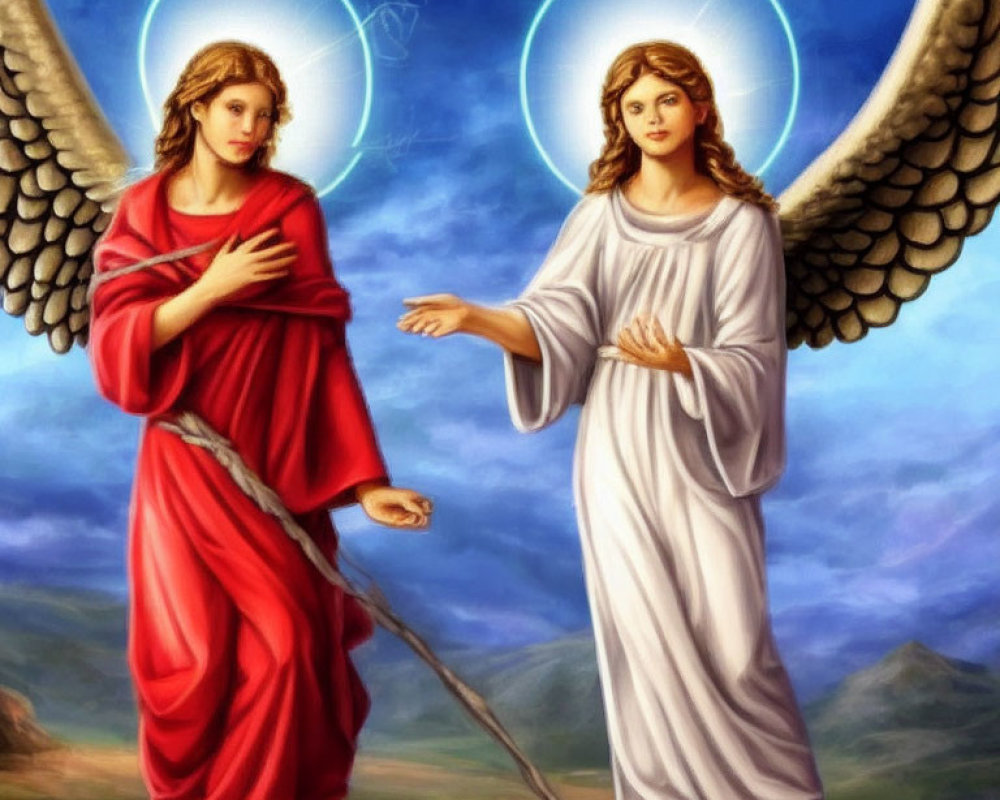 Angels with Red and White Halos in Mountainous Landscape