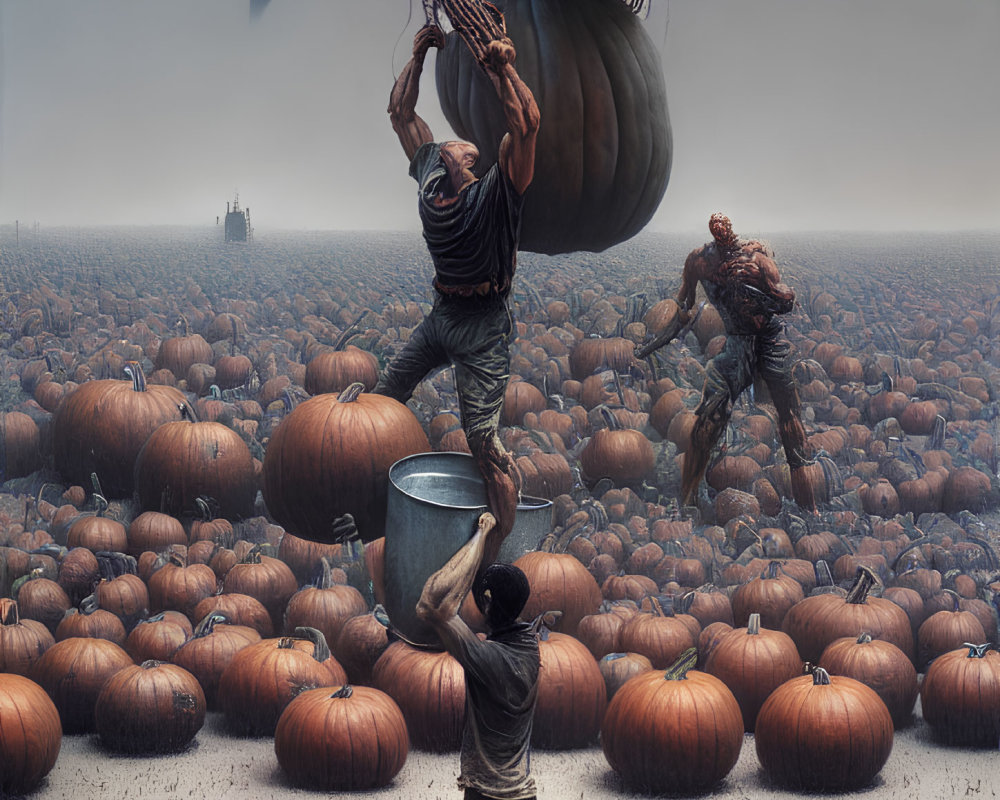 Three people in a pumpkin field with unique actions depicted.