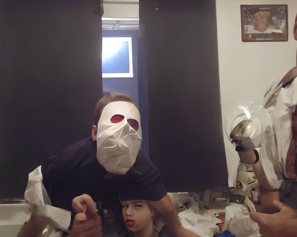 Person in White Mask Crouching Next to Child in Cluttered Room