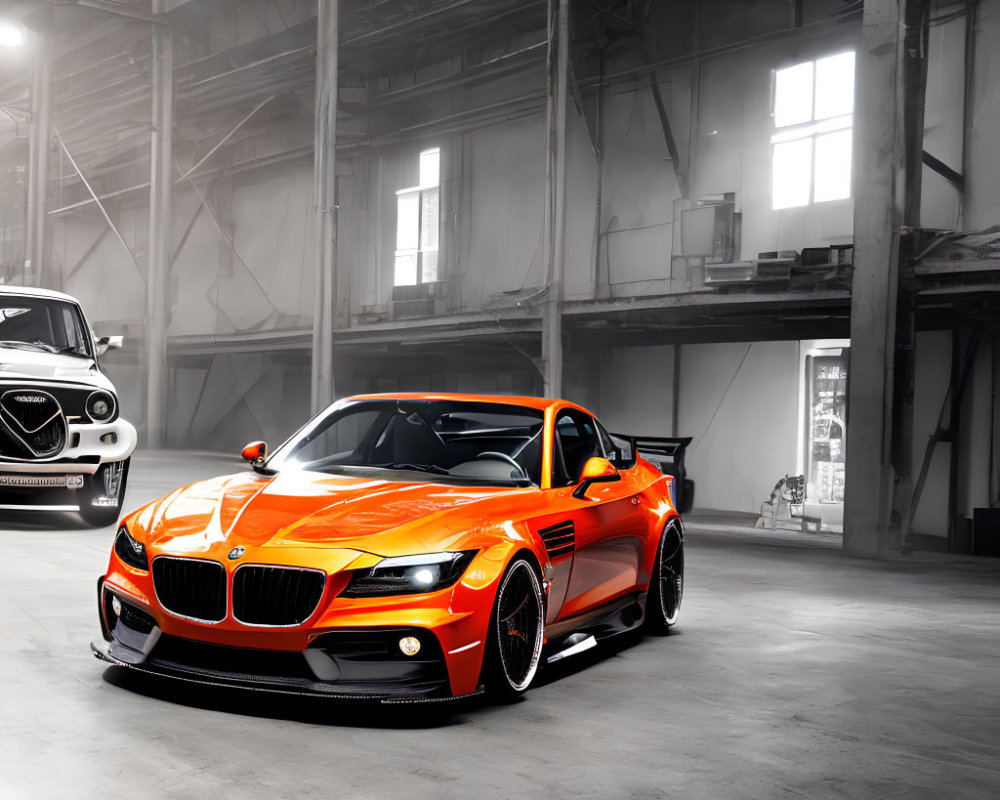 Sleek Orange Sports Car in Industrial Warehouse
