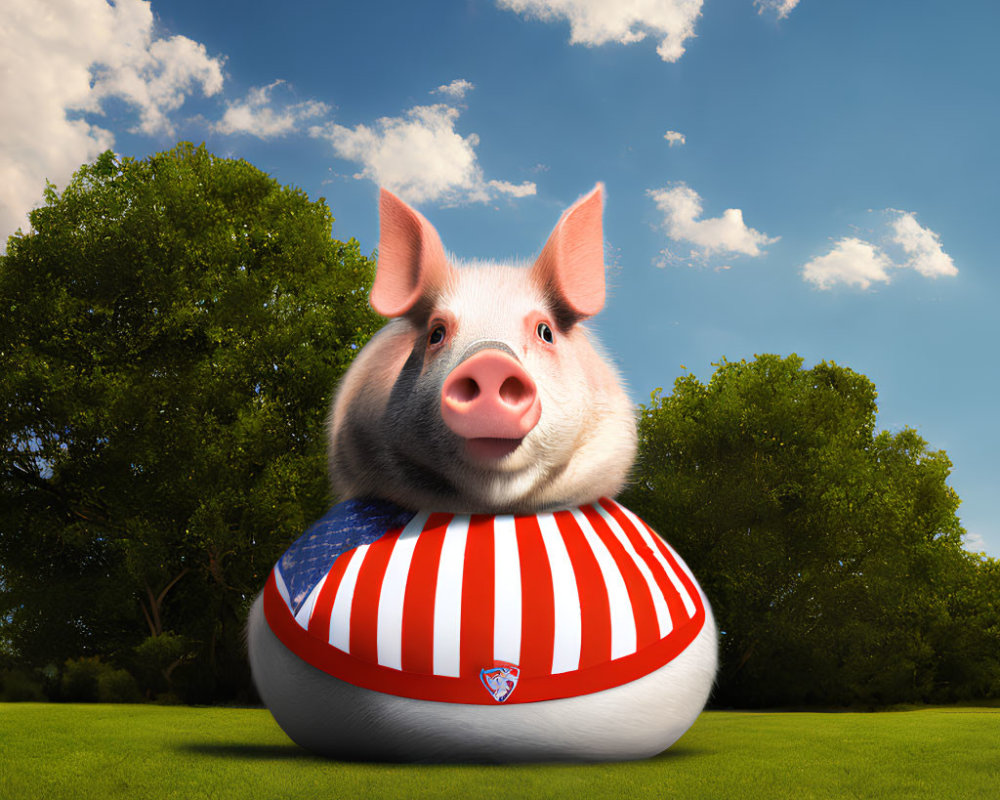Stylized pig in American flag shirt on grassy field under blue sky