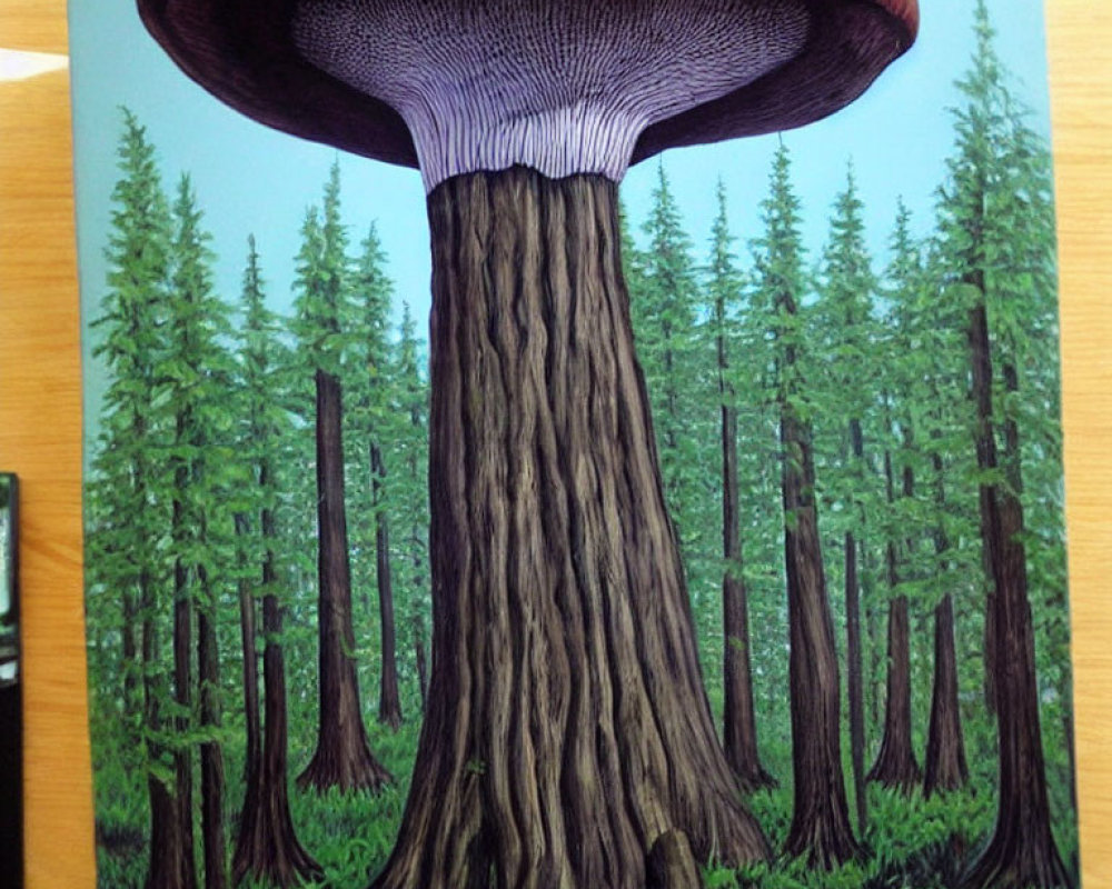 Surreal giant mushroom in dense coniferous forest