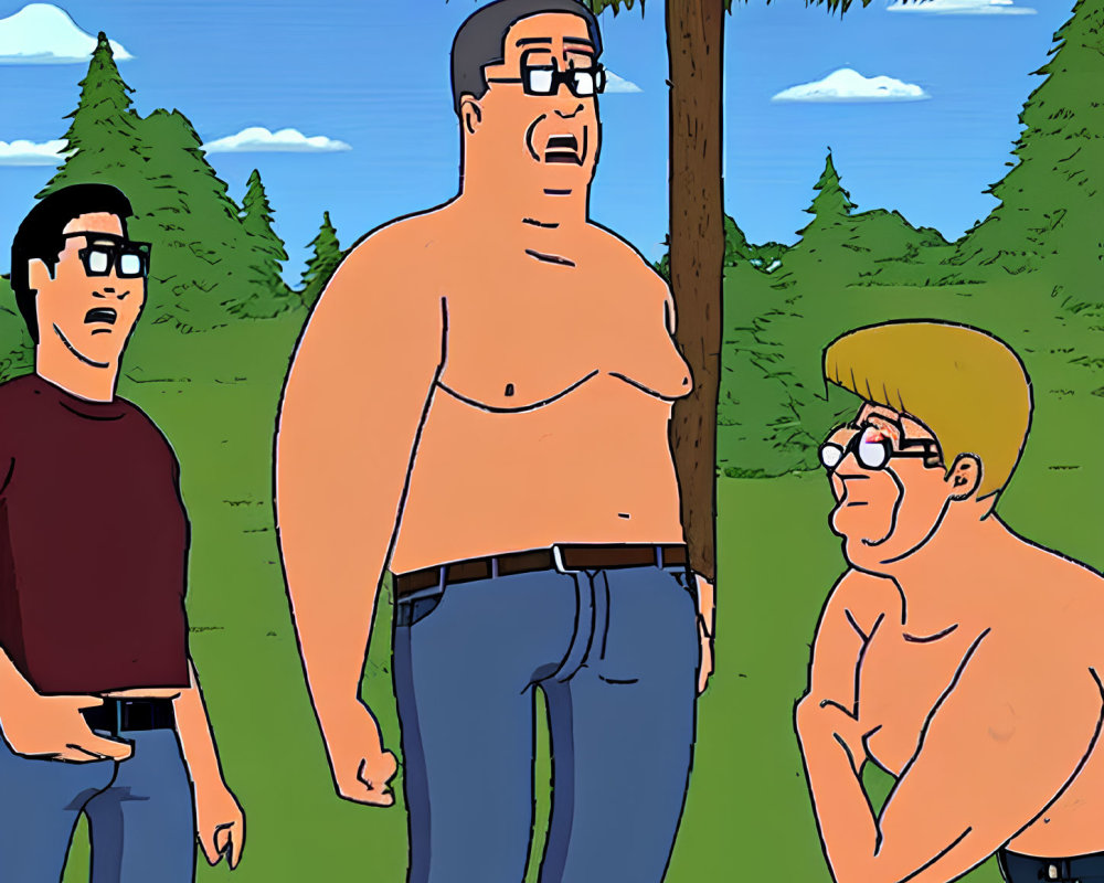 Three animated characters in forest: two shirtless men and one in red shirt, looking surprised.